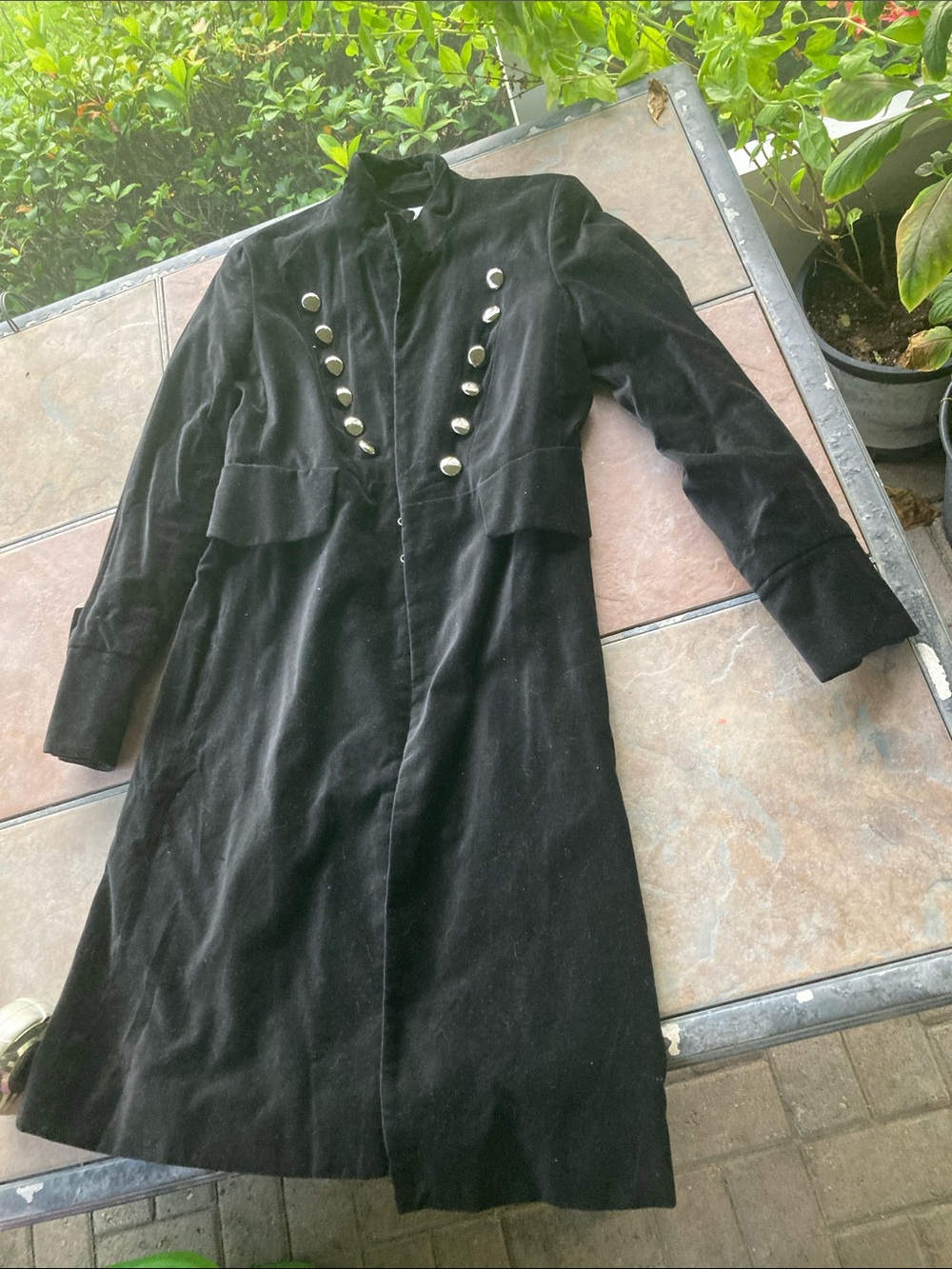 Newport News Black Velvet Military-Style Trench Coat with Silver Buttons